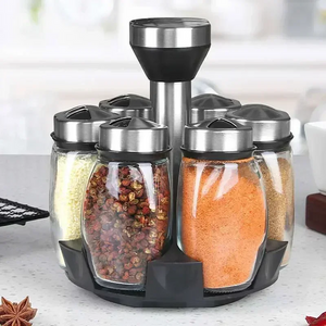 Spice Jar Set Rack Glass Organizer Rotating Glass Seasoning Sugar Pepper Bottles Salt Shakers Holder Kitchen Storage Rack